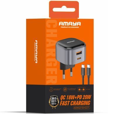СЗУ Amaya E211D PD20W+QC3.0 (1USB-A/1C) + кабель Type-C to Type-C Black