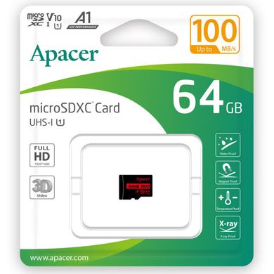 Карта памяти Apacer microSDXC (UHS-1) 64Gb class 10 V10 A1 R100MB/s (без адаптера) Black