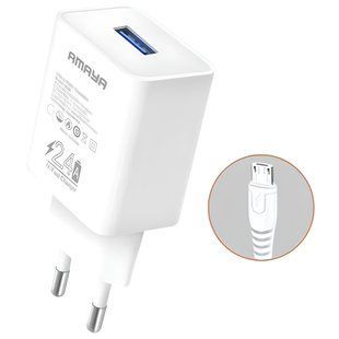 Уценка СЗУ Amaya M3 2.4A (1USB-A) + кабель USB to MicroUSB Мятая упаковка / White
