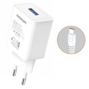 СЗУ Amaya C3 2.4A (1USB-A) + кабель USB to Type-C White