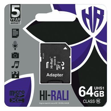 Карта памяти Hi-Rali (UHS-1) microSDXC Class 10 - 64GB (с адаптером) Черный