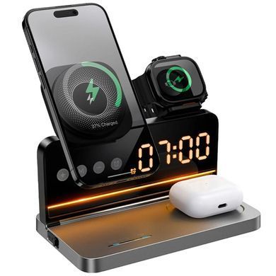 БЗУ Hoco DWQ03 North 4in1 with alarm clock Black