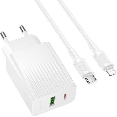 Уценка СЗУ Borofone BAS76A Source PD30W+QC3.0 (1USB-A/1C) + кабель Type-C to Lightning Поврежденная упаковка / White
