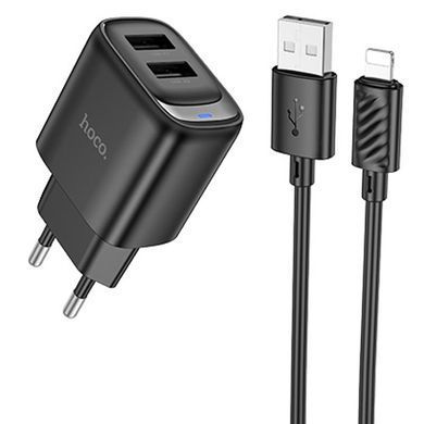 СЗУ Hoco C141A Smart 2.1A (2USB-A) + кабель USB to Lightning Black