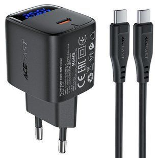 МЗП Acefast A113 PD20W GaN (1USB-C) + кабель Type-C to Type-C Black