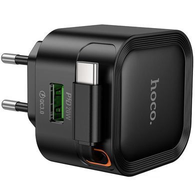 СЗУ Hoco C154A Changer PD20W+QC3.0 (1USB-A/1C) + Retractable Cable Type-C Black