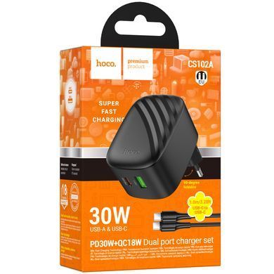 Уценка СЗУ Hoco CS102A Folding PD30W+QC3.0 (1USB-A/1C) + кабель Type-C to Type-C Поврежденная упаковка / Black