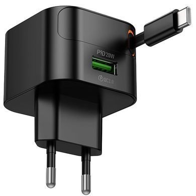 СЗУ Hoco C154A Changer PD20W+QC3.0 (1USB-A/1C) + Retractable Cable Type-C Black