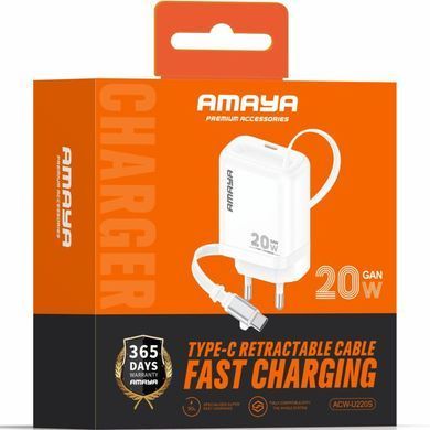 МЗП Amaya E220S PD20W GaN (1USB-C) + Retractable Cable Type-C White