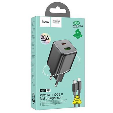 СЗУ Hoco N41 Almighty PD20W+QC3.0 (1USB-A/1C) + кабель Type-C to Lightning Black