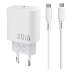 СЗУ WIWU G008 Essen PD30W GaN (1USB-C) + кабель Type-C to Type-C White