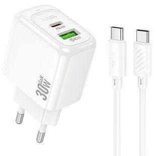 МЗП Hoco CS55A Surplus PD30W+QC3.0 (1USB-A/1C) + кабель Type-C to Type-C White