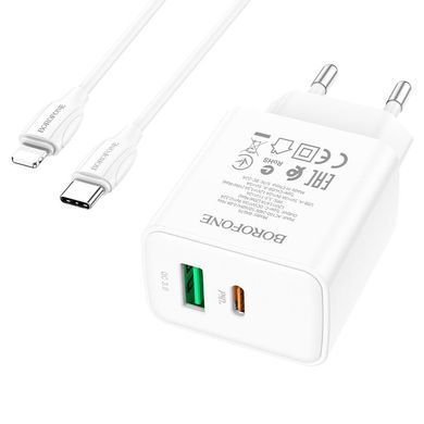 МЗП Borofone BA67A PD20W+QC3.0 (1USB-A/1C) + кабель Type-C to Lightning Білий