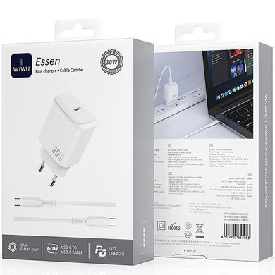 СЗУ WIWU G008 Essen PD30W GaN (1USB-C) + кабель Type-C to Type-C White