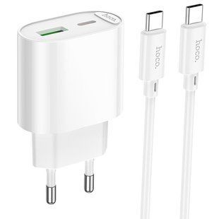 СЗУ Hoco C109A Fighter PD20W+QC3.0 (1USB-A/1C) + кабель Type-C to Type-C White
