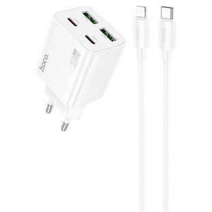 МЗП Hoco N55 Fundador PD20W+QC3.0 (2USB-A/2C) + кабель Type-C to Lightning White