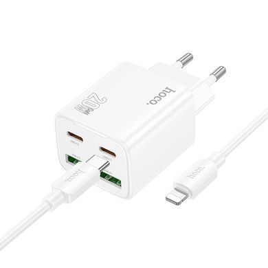 СЗУ Hoco N55 Fundador PD20W+QC3.0 (2USB-A/2C) + кабель Type-C to Lightning White