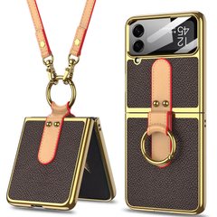 Шкіряний чохол GKK with ring and strap для Samsung Galaxy Z Flip4 Brown