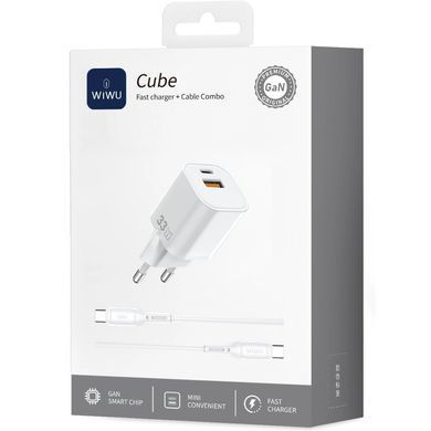 СЗУ WIWU G018 Cube PD33W+QC3.0 GaN (1USB-A/1C) + кабель Type-C to Type-C White