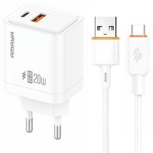 МЗП Amaya E77D PD20W+QC3.0 (1USB-A/1C) + кабель USB to Type-C White