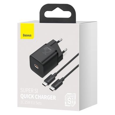 СЗУ Baseus Super Si Quick Charger PD25W (1USB-C) + кабель Type-C to Type-C (TZCCSUP-L) Черный