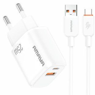 СЗУ Amaya E213D PD25W+QC3.0 (1USB-A/1C) + кабель USB to Type-C White