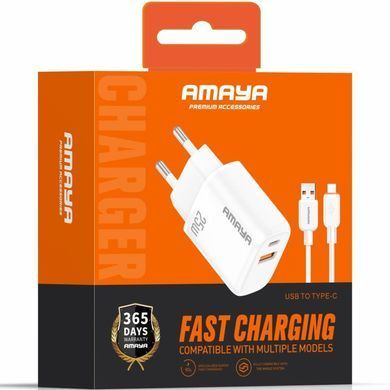 МЗП Amaya E213D PD25W+QC3.0 (1USB-A/1C) + кабель USB to Type-C White