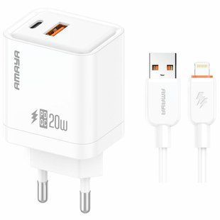 Уценка СЗУ Amaya E77D PD20W+QC3.0 (1USB-A/1C) + кабель USB to Lightning Мятая упаковка / White