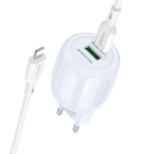 СЗУ Borofone BA94A Lustrous PD30W+QC3.0 (1USB-A/1C) + кабель Type-C to Lightning Blue