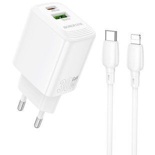 СЗУ Borofone BN29 Fuente PD30W+QC3.0 (1USB-A/1C) + кабель Type-C to Lightning White