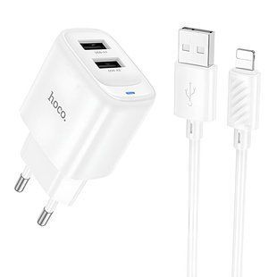 МЗП Hoco C141A Smart 2.1A (2USB-A) + кабель USB to Lightning White