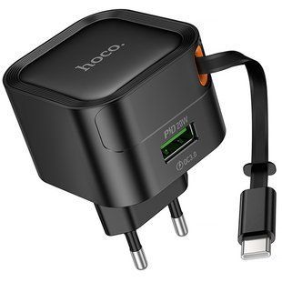 Уценка СЗУ Hoco C154A Changer PD20W+QC3.0 (1USB-A/1C) + Retractable Cable Type-C Поврежденная упаковка / Black