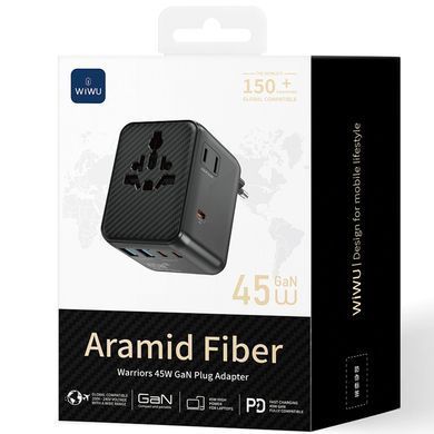 Мережевий універсальний перехідник WIWU UA010 Warrior GaN 45W + 2USB-A/3C Black