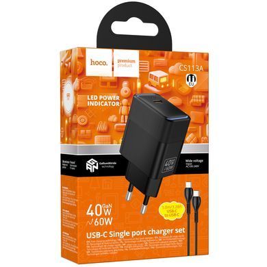 СЗУ Hoco CS113A Lounge PD40W (1USB-C) + кабель Type-C to Type-C Black