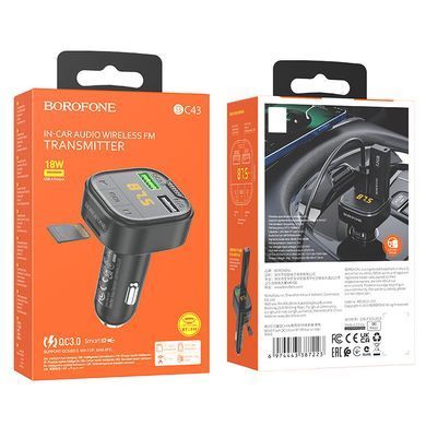 АЗП FM модулятор Borofone BC43 Flash 18W+QC3.0 (2USB-A) Black