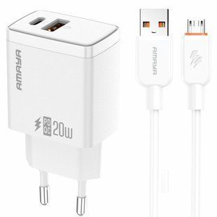 Уценка СЗУ Amaya E67D PD20W+QC3.0 (1USB-A/1C) + кабель USB to MicroUSB Мятая упаковка / White