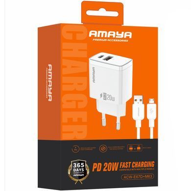 Уценка СЗУ Amaya E67D PD20W+QC3.0 (1USB-A/1C) + кабель USB to MicroUSB Мятая упаковка / White