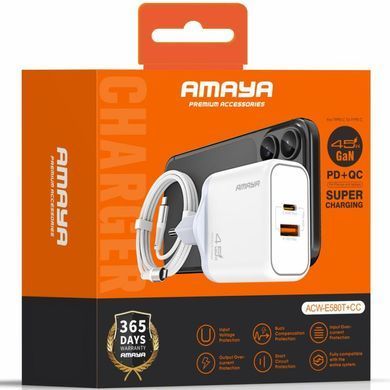 СЗУ Amaya E580T PD45W+QC3.0 GaN (1USB-A/1C) + кабель Type-C to Type-C White