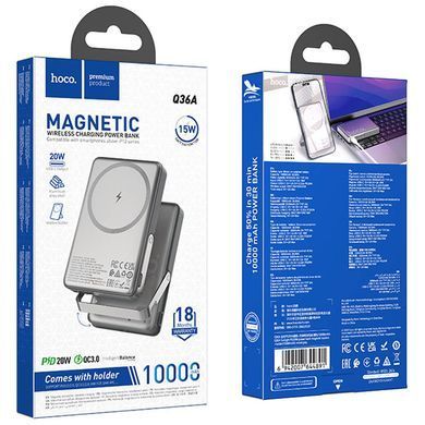 Портативное ЗУ Power Bank Hoco Q36A Sunlight magnetic suction+holder PD20W с БЗУ 10000 mAh Metal grey