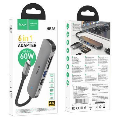 Переходник Hoco HB28 Multi-function 6in1 (Type-C to HDTV+USB3.0+USB2.0+SD+TF+PD) Metal gray
