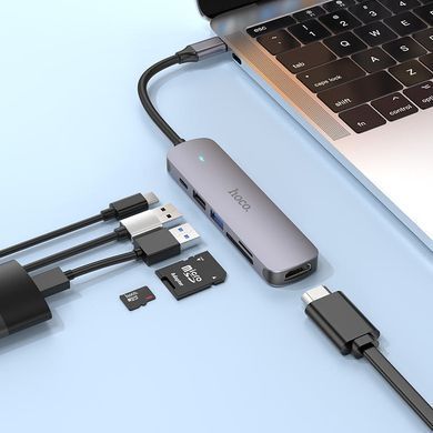 Переходник Hoco HB28 Multi-function 6in1 (Type-C to HDTV+USB3.0+USB2.0+SD+TF+PD) Metal gray