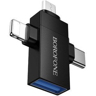 Переходник Borofone BV26D 3in1 Lightning male/Type-C male/Micro male to USB2.0 female Black