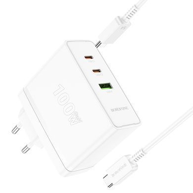 СЗУ Borofone BN11 Imperial PD100W+QC3.0 (1USB-A/2C) + кабель Type-C to Type-C White