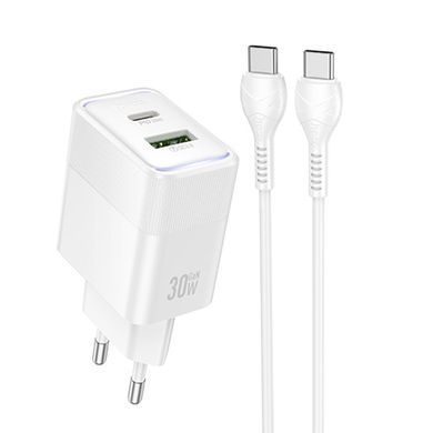 СЗУ Hoco CS112A Lounge PD30W+QC3.0 (1USB-A/1C) + кабель Type-C to Type-C White