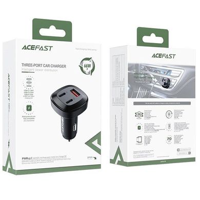 АЗУ Acefast B3 66W(USB-C+USB-C+USB-A) three-port metal car charger Black
