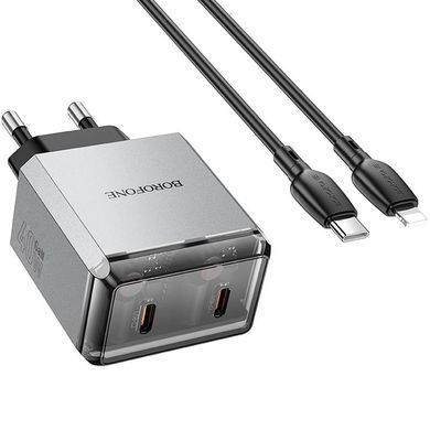 СЗУ Borofone BN21 Lena PD40W+QC3.0 (2USB-C) + кабель Type-C to Lightning Metal gray