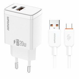 Уценка СЗУ Amaya E67D PD20W+QC3.0 (1USB-A/1C) + кабель USB to Type-C Мятая упаковка / White