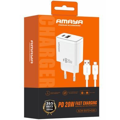 Уценка СЗУ Amaya E67D PD20W+QC3.0 (1USB-A/1C) + кабель USB to Type-C Мятая упаковка / White