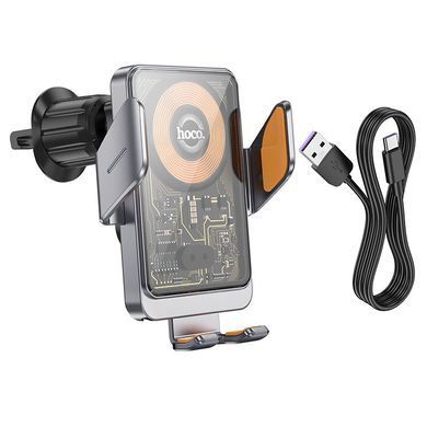 Автодержатель с БЗУ Hoco HW7 Transparent Discovery Edition (air outlet) Metal gray