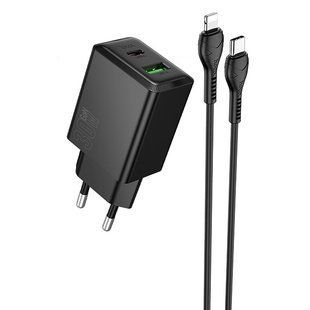 СЗУ Hoco N71 Nuevo PD30W+QC3.0 (1USB-A/1C) + кабель Type-C to Lightning Black